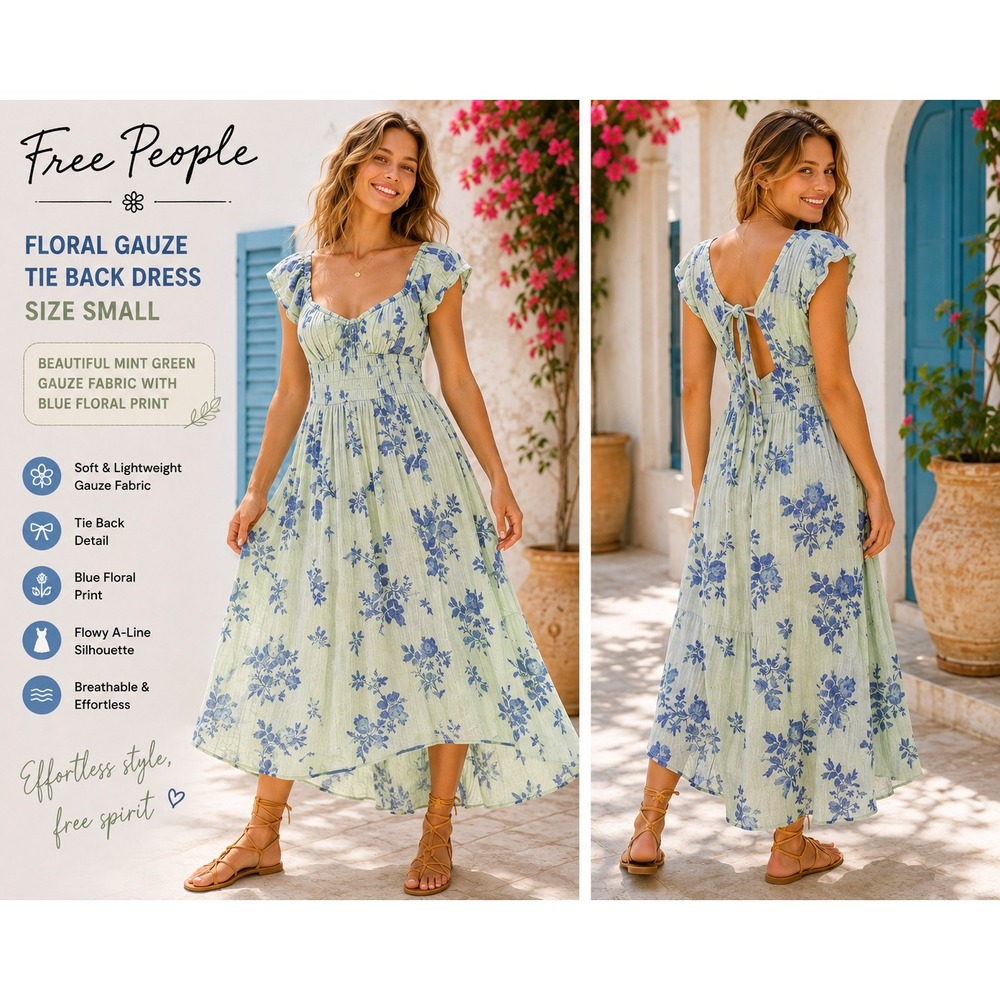 FREE PEOPLE Floral Gauze Tie Back Maxi Dress Women's Small Mint Green Blue #1846
